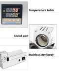 Close-up of 600W Electric Heat Shrink Wrap Machine for wine, oil, soy sauce, vinegar; showing temperature table and stainless steel body.