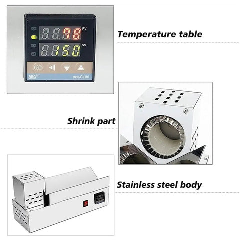 Close-up of 600W Electric Heat Shrink Wrap Machine for wine, oil, soy sauce, vinegar; showing temperature table and stainless steel body.