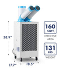 Heavy Duty Indoor Outdoor Spot Cooler With Twin Ducts And Auto Oscillating Airflow, 10,236 BTU Power, R410A Refrigerant, ETL Certified Portable Cooling Unit For Job Sites, Events, And Outdoor Kitchens, shown with dimensions and effective area.