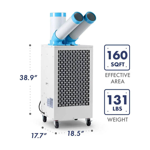 Heavy Duty Indoor Outdoor Spot Cooler With Twin Ducts And Auto Oscillating Airflow, 10,236 BTU Power, R410A Refrigerant, ETL Certified Portable Cooling Unit For Job Sites, Events, And Outdoor Kitchens, shown with dimensions and effective area.
