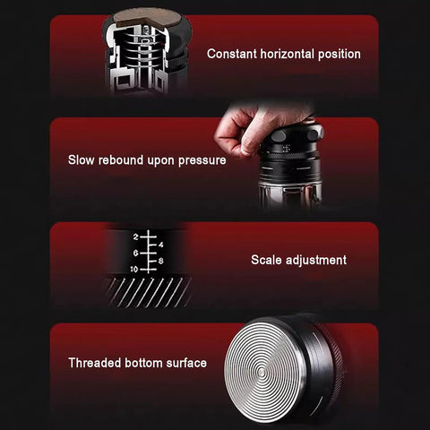 Top Shelf 4 Piece Espresso Kit Featuring Adjustable Height Spring Coffee Tamper For 58mm Portafilter showing pressure mechanism and scale adjustment.