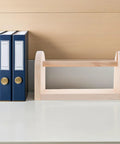 Solid Wood Tape Dispenser With Razor Sharp Blade Keep Your Craft And Packing Tape Setup Sick And Tidy Clean Desk Organization For Home Office Or Kitchen Counter Vibes on a clean desk next to folders.