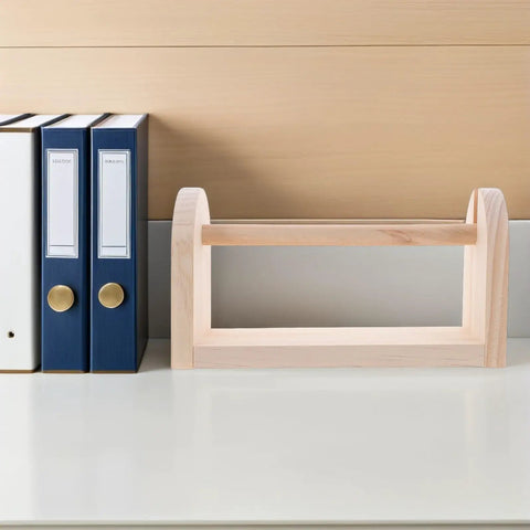 Solid Wood Tape Dispenser With Razor Sharp Blade Keep Your Craft And Packing Tape Setup Sick And Tidy Clean Desk Organization For Home Office Or Kitchen Counter Vibes on a clean desk next to folders.