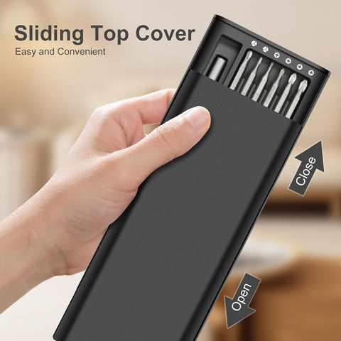 Hand holding 24-In-1 Precision Screwdriver Set For Quick Fixes with sliding top cover showing magnetic bits.