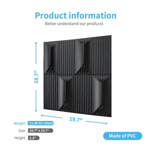 Massive 3D Diamond Pattern PVC Wall Panels Black 19.7 Inch Square Pack Of 12 Tiles Real 1 Inch Raised Texture Easy Install
