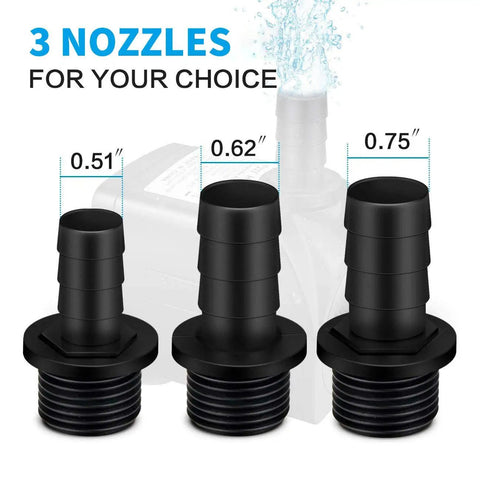 Ultra Quiet Submersible Water Pump 300GPH 1100L/H 21W with 5.9Ft power cord and 3 nozzles showing different sizes for fit