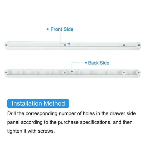 Front and back view of White Plastic Drawer Slides With Mounting Screws Side Mounted Furniture Runners For Cabinet Wardrobe Dresser Slick Glide No Sweat Install Standard Size Wood Box Fix.
