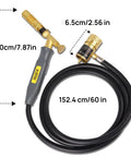 MRAS8210 Turbo Flame Propane Welding Torch With 5 Ft Hose For Soldering And Brazing Large Copper Pipe High Intensity Nozzle MAPP MAP Pro Compatible Heavy Duty Tool For Home Shop And Pros Cylinder Not Included, showing torch dimensions.