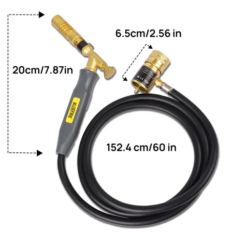 MRAS8210 Turbo Flame Propane Welding Torch With 5 Ft Hose For Soldering And Brazing Large Copper Pipe High Intensity Nozzle MAPP MAP Pro Compatible Heavy Duty Tool For Home Shop And Pros Cylinder Not Included, showing torch dimensions.