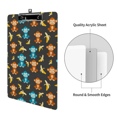 Thick Acrylic Clipboard for Office and Warehouse Durable Clipboard That Totally Holds US Letter or A4 Papers Hanging Hole Clear Desk Organizer for Notes, Sketches, and Everyday Work Banana Theme, monkey banana print, top clip