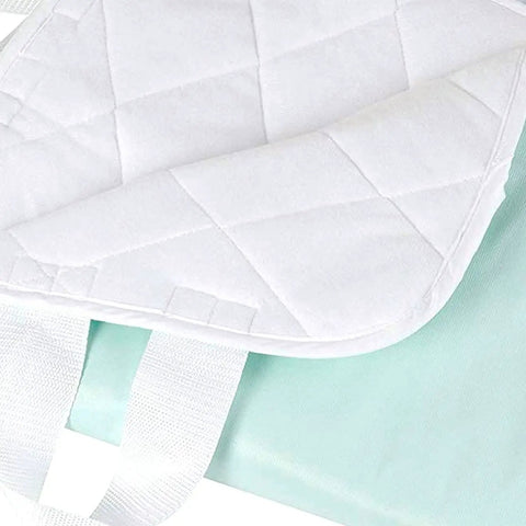 Close-up of waterproof bed pad and mattress protector for furniture or seat covers, showing quilted slide sheet and straps, 28 by 36 inches.