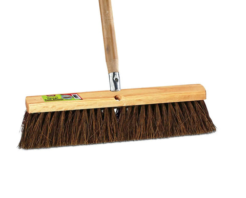 Heavy Duty 18 Inch Palmyra Bristle Push Broom For Garage Indoor Floor Sweep Top Shelf Wooden Block Construction.