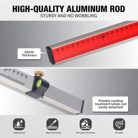 Heavy Duty Aluminum Laser Grade Rod Built To Snap Onto Rotary Laser Levels Quick Featuring A Smooth Twist Lock Grip, showing 20mm thickness and level tool.