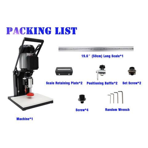 Front view of Yokoma 110V pneumatic hinge boring insertion machine with 50cm scale and hardware accessories