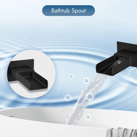 Matte Black Rainfall Shower System With Tub Spout Wall Mount Faucet Set, water flowing into tub from premium stainless steel spout