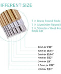 DIY Metal Rod Set 21 Pcs Brass, Stainless Steel, Aluminum Lathe Bar Stock, Round Rods 2mm to 8mm Diameters, Sizes Diagram