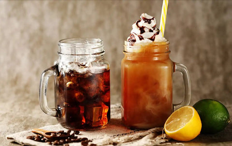 Iced coffee and cold brew in mason jars with lemons, highlighting No Mess Cold Brew Filters 100 Count Disposable Fine Mesh Bags For Concentrate.