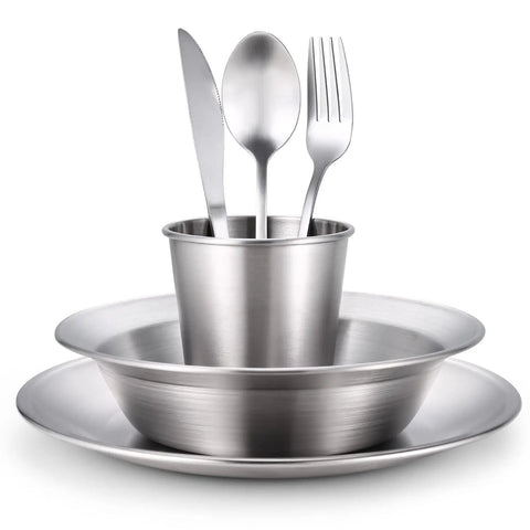 Stainless Steel Camping Mess Kit For 1 Person Portable Tableware Set With Plate Cup Bowl Cutlery Knife Spoon Travel Case Trail Ready