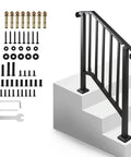 Heavy Duty Carbon Steel Handrails For Outdoor Steps Slick 2 Step Stair Rail Kit with installation hardware and components.