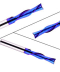 Spiral CNC Router Bit Down Cut Quarter Inch Shank Solid Carbide End Mill for Wood Carving with Blue Nano Coated Finish, front and side view
