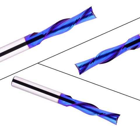 Spiral CNC Router Bit Down Cut Quarter Inch Shank Solid Carbide End Mill for Wood Carving with Blue Nano Coated Finish, front and side view