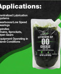 Pro Grade Lithium EP00 Grease For Centralized Lubrication Systems And Gear Boxes 32 Oz EZ Squeeze Pouch shown with applications listed.