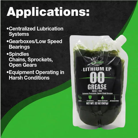 Pro Grade Lithium EP00 Grease For Centralized Lubrication Systems And Gear Boxes 32 Oz EZ Squeeze Pouch shown with applications listed.