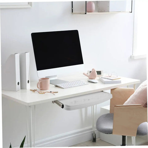 Pull Out Keyboard Tray Under Desk Smooth Glide Setup For Home Office Ergonomic Abs Platform displayed under a modern white desk.