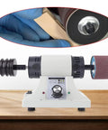Heavy Duty Electric Leather Edge Burnishing Machine With Variable Speed Dial Up To 8000 Rpm and sturdy rosewood buffing bits on a workspace.