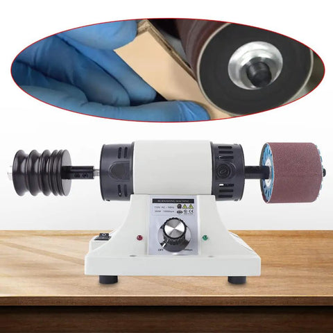 Heavy Duty Electric Leather Edge Burnishing Machine With Variable Speed Dial Up To 8000 Rpm and sturdy rosewood buffing bits on a workspace.
