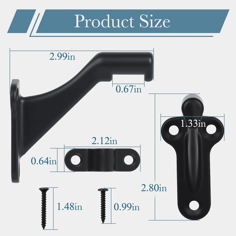 Heavy Duty Adjustable Handrail Brackets For Stairs Zinc Alloy Construction Matte Black Finish dimensions with screws for installation.
