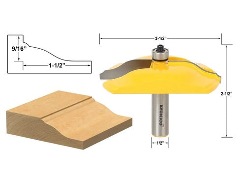 Raised Panel Cabinet Door Router Bit With Ogee Bead Edge Three And A Half Inch Diameter One Half Inch Shank For Table Mounted Router Pro Grade Micro Grain Tungsten Carbide Blades Induction Brazed For Maximum Strength And Durability with dimensions and wood sample