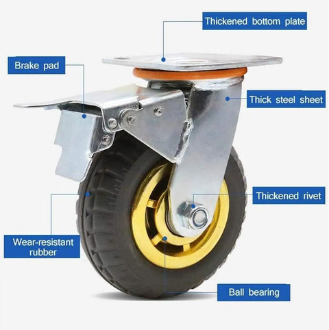Heavy Duty Solid Rubber Caster Wheels With Locking Brakes And Precision Swivel Action for hauling gear, showing brake pad and gold detailing.