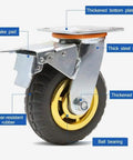 Heavy Duty Solid Rubber Caster Wheels Set Of Four With Swivel Brakes showcasing thick steel sheet, brake pad, and wear-resistant rubber detail.