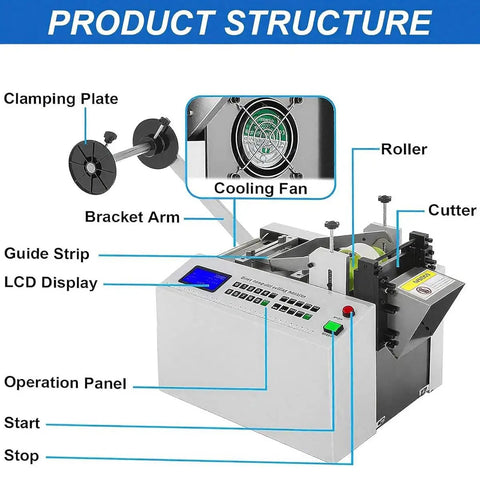 Precision Electric Heat Shrink Tube Cutter Machine With Digital Mic Control showing product structure with LCD display and cutting components.