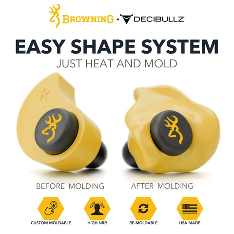 Decibullz Custom Molded Earplugs For Shooting With 31 Decibels NRR High Fidelity Hearing Protection For The Range Mold To Your Ears Acoustic Filter Includes Lanyard And Travel Case Reusable Ear Plugs For Clearer Sound showing earplugs before and after molding.