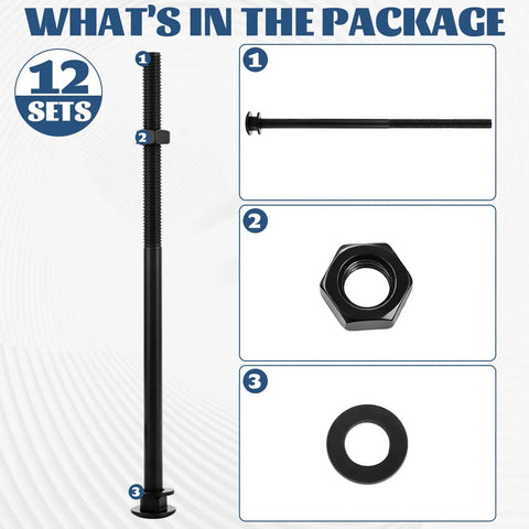 Heavy Duty Black Carriage Bolt Kit One Half Inch By Ten Inch Galvanized Bolts Set With 20 Pieces For Wood Decks Fencing And Construction Projects Beefy Tough Hardware For Outdoor DIY Home Improvement And Furniture Building, bolt set with nut and washer