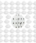 120 Pack White Pegboard Hook Stoppers Lock It Down And Keep Gear Secure Heavy Duty Silicone Safety Clips Halt Hook Drop Fits Standard Wall Mounts showing multiple white silicone stoppers on pegs.