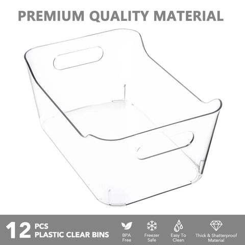 The Clear Plastic Storage Bins Set, 12 Pack For Pantry, Kitchen, Office And Fridge Organization, BPA Free And Shatter Resistant, Large Capacity Crystal Clear Containers showing a single large clear bin with handle.