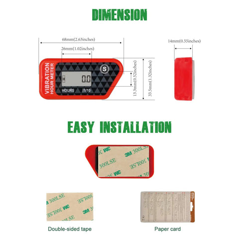 Vibration Hour Meter for Diesel and Gas Engines Waterproof IP68 with Two Sensitivity Settings Dialed In Partial Timer Tracks Total And Period Hours 0-99999 H 0.1 H Increments Resettable Maintenance Timer, 68x33.5mm with adhesive back