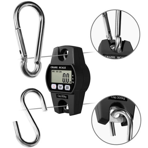 Digital Hanging Crane Scale 660Lb 300Kg with Hold and Tare, heavy duty aluminum body, stainless steel hook, LCD display, hunting fishing use