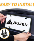 Person installing Black License Plate Screws Kit Rustproof 304 Stainless Steel Bolts Three Quarters By One Quarter Inch For Cars Trucks And SUVs Weatherproof License Plate Hardware Durable And Easy To Install Includes Eight Pieces on car.