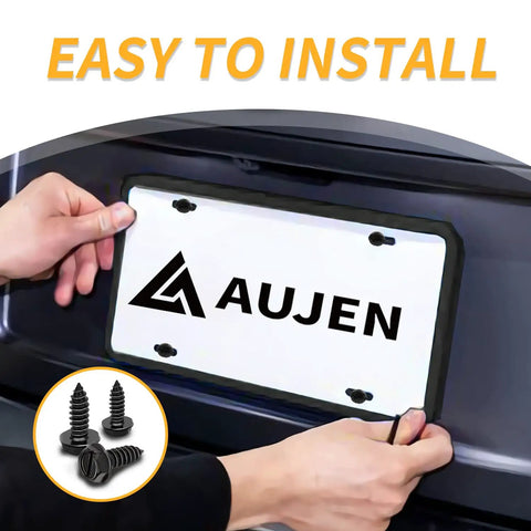 Person installing Black License Plate Screws Kit Rustproof 304 Stainless Steel Bolts Three Quarters By One Quarter Inch For Cars Trucks And SUVs Weatherproof License Plate Hardware Durable And Easy To Install Includes Eight Pieces on car.