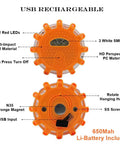 Top and bottom view of USB Rechargeable LED Road Flares Emergency Lights Kit with Magnetic Base Three Beacon Discs.