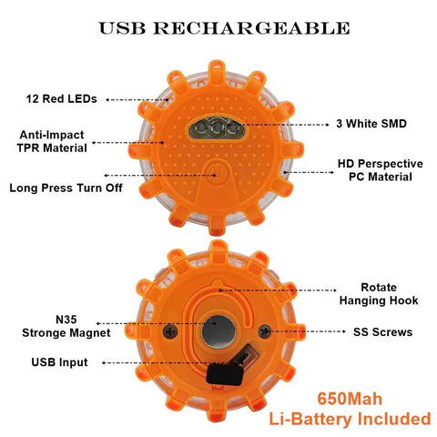 Top and bottom view of USB Rechargeable LED Road Flares Emergency Lights Kit with Magnetic Base Three Beacon Discs.