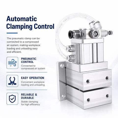 Pneumatic Clamp Workholding Fixture For CNC Machining With Automatic Loadin And Unloadin, 40kg Holding Force At 0.5 MPa, Compact Vise For Fast, Secure Workpiece Clamping In Any Shop, compact aluminum body