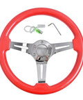 Racing Steering Wheel 13 Inch 330mm With 6 Bolt JDM Mount Red Grooved Spoke Bracket And Horn Button Durable PU Grip
