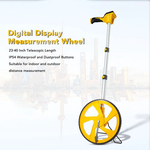 Heavy Duty Digital Measuring Wheel For Yard And Job Sites Folding Telescopic Handle With Backlit Screen And Carry Pouch Measures Up To 100K Feet with yellow wheel and telescopic design