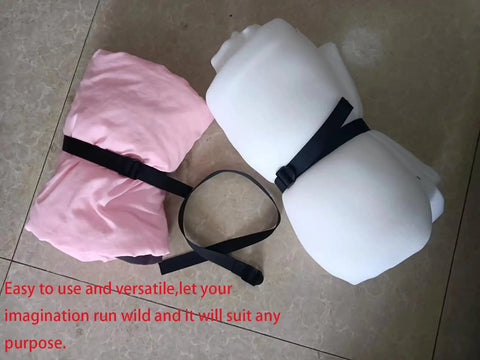 Two bundles wrapped with black straps, one pink fabric and one white padding, on a tiled floor. Text reads: Easy to use and versatile.