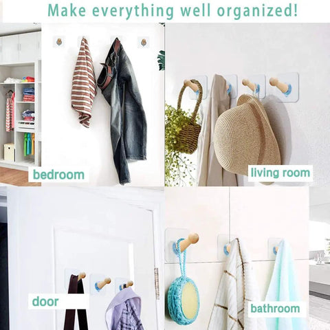 Adhesive Hat Hooks For Wall Or Door Eight Pack Wooden Peg Hat Hangers displayed in various rooms for organizing hats and towels